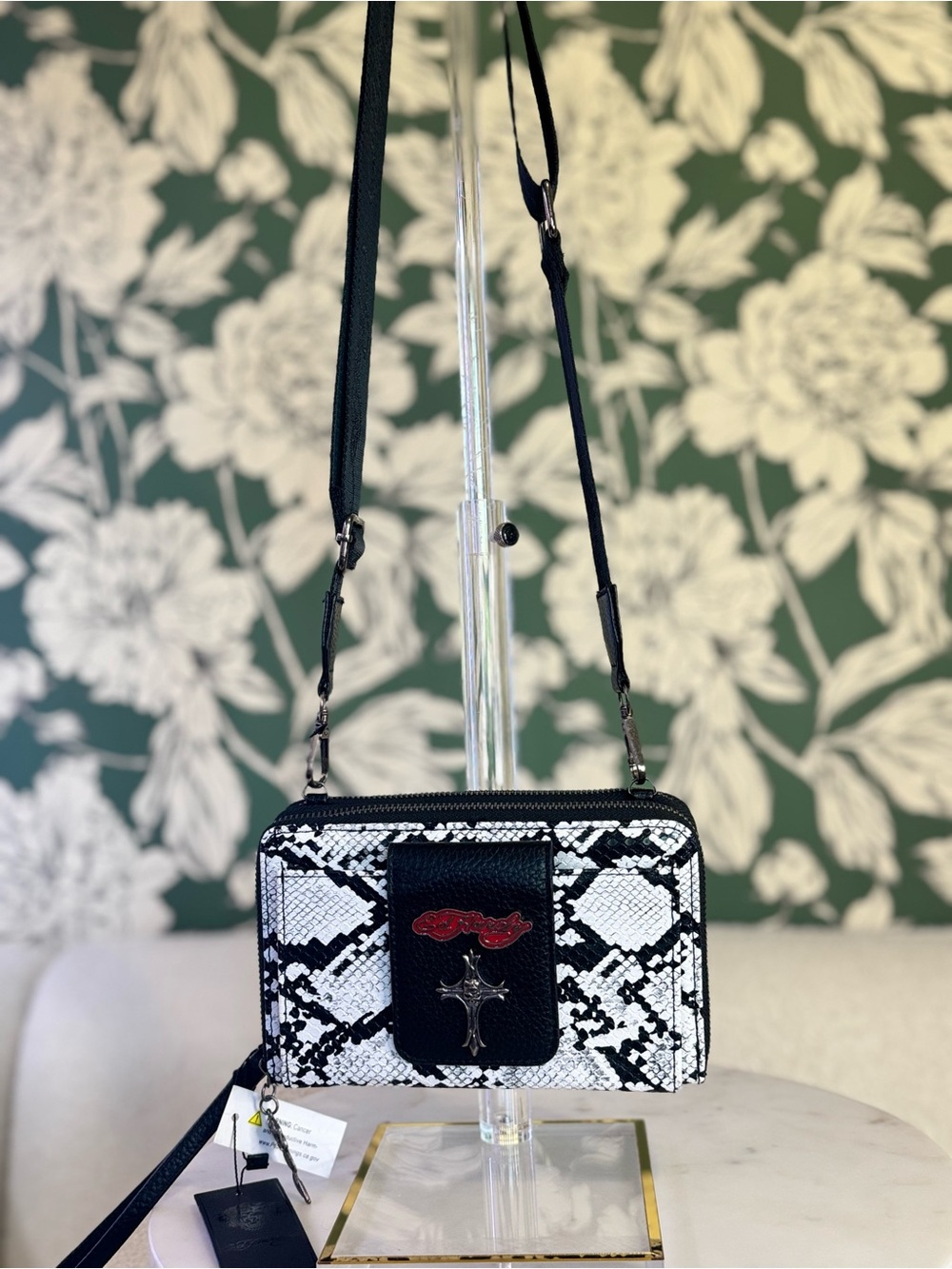 Ed Hardy Black & White Snake-Print Crossbody with Red Accent NWT